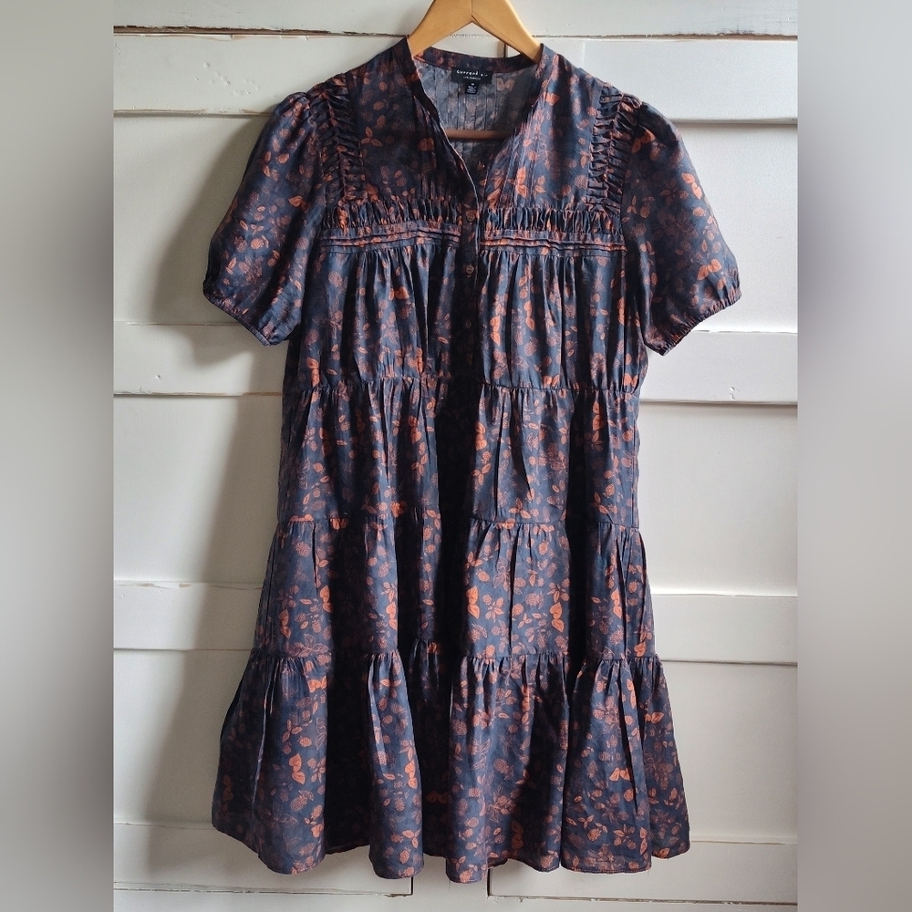 Anthropologie Current Air Navy & Rust Print Tiered Mini Baby Doll Dress | Medium - Picture 7 of 7